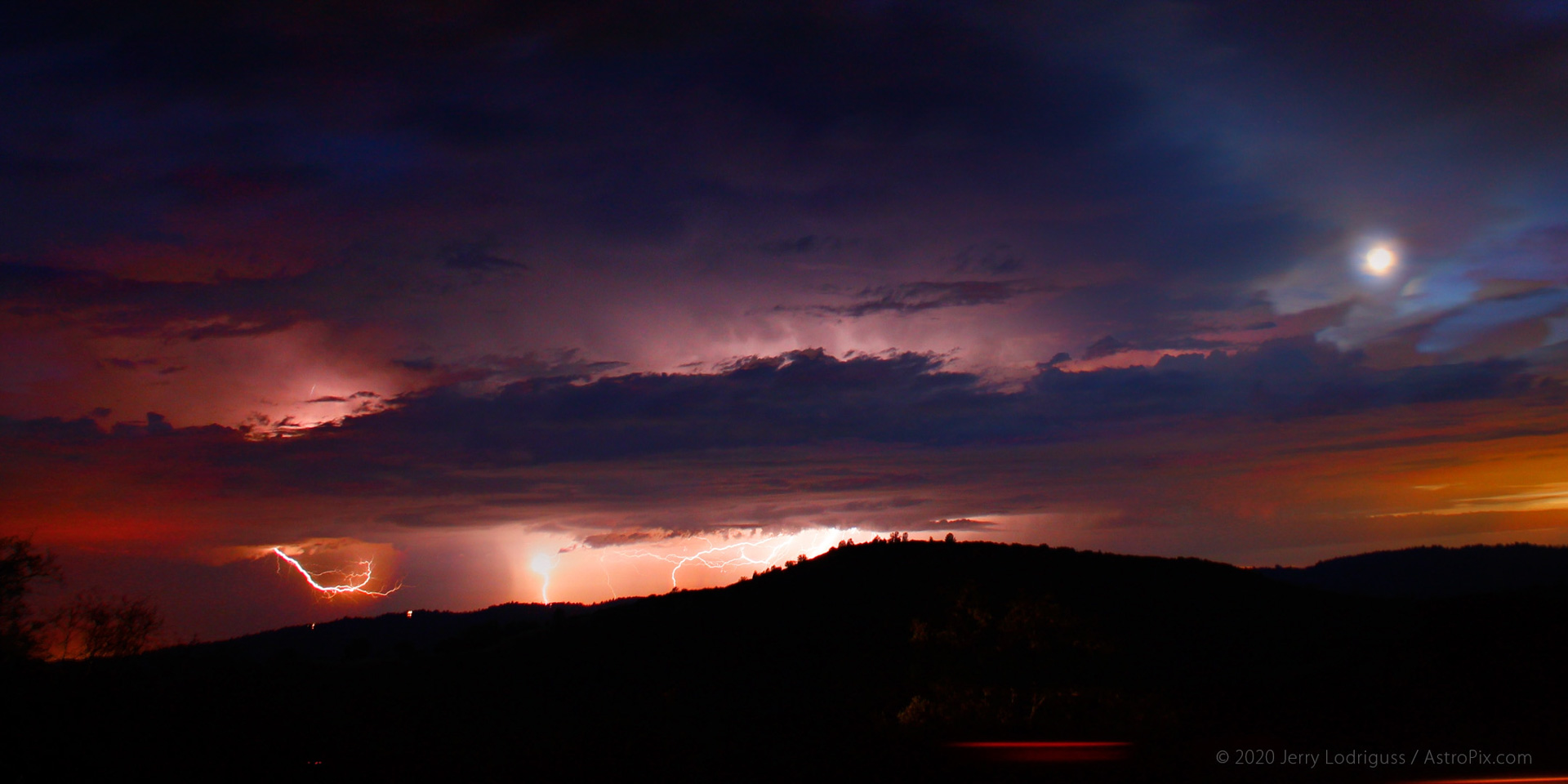 Full moon, lightning, Sierra Nevada mountains, California.