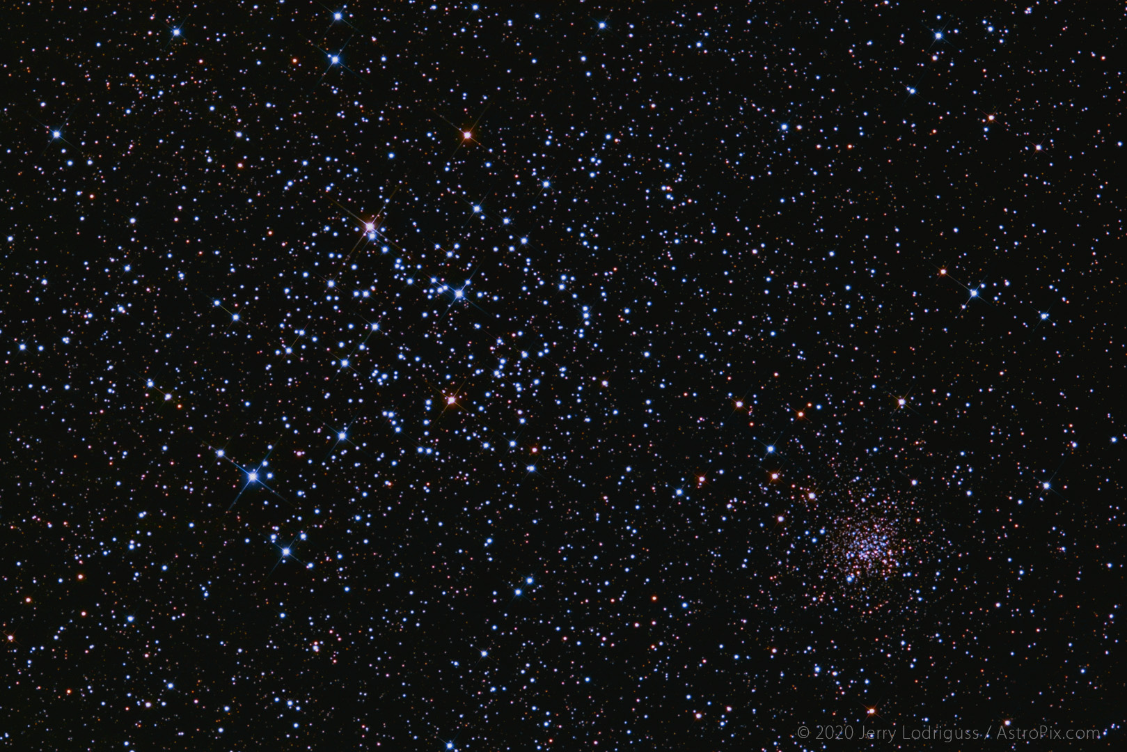 M35 is a spectacular large open cluster containing about 200 stars located in Gemini about 2,800 light years from us. In this image it takes up most of the top left of the frame. Shining at magnitude 5 and with an apparent size as large as the full Moon at 30 arc minutes, it is visible to the unaided eye as a diffuse object off the foot of Gemini. M35 is a relatively young cluster estimated to be about 150 million years old.<br /><br />It is accompanied by a golden jewel-like smaller companion, open cluster NGC 2158, located about 15 arc minutes to the southwest of M35. It is seen at the lower right of the photo. NGC 2158 contains more stars and is more compact than M35. It shines at about magnitude 8.6 and is about 5 arc minutes in angular diameter. It is located 4 or 5 times more distant than M35 and is estimated to be about 1 to 1.5 billion years old. At this age, most of the hot blue stars are gone, leaving mostly older yellow stars.