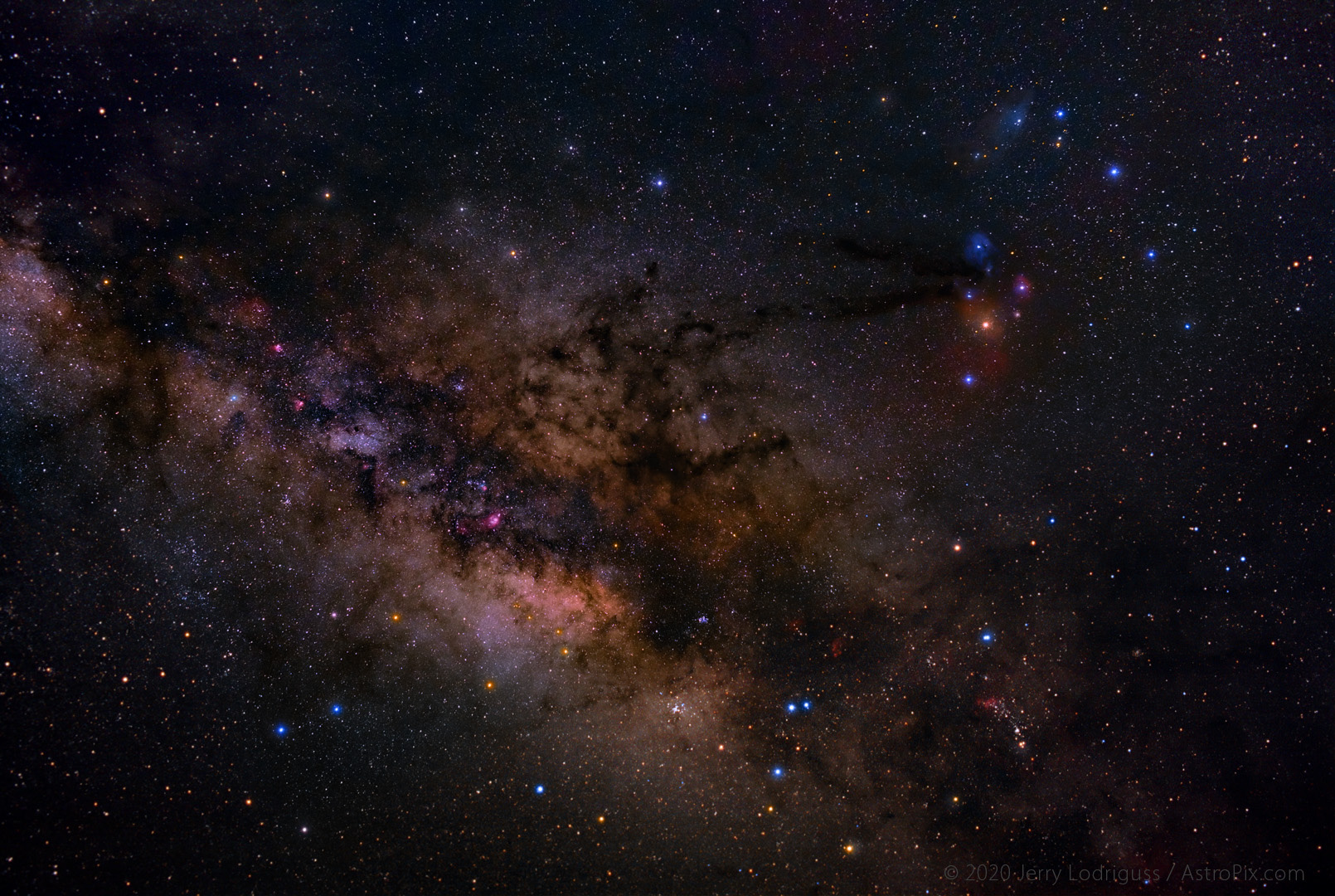 The center of the Milky Way, our own galaxy, is seen here with Sagittarius  and Scutum at left, and Scorpius at right.