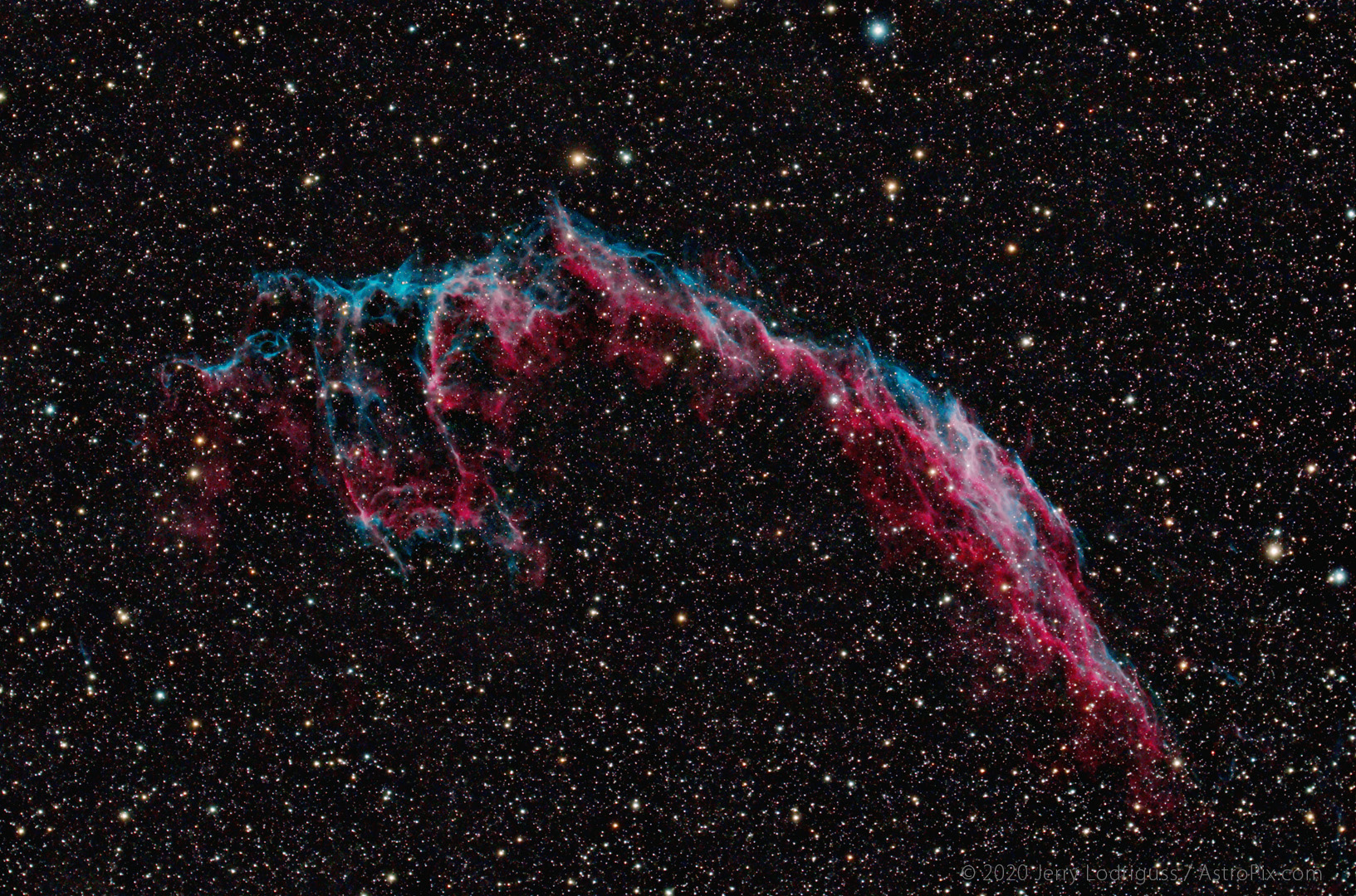 NGC 6992 / 6995 - The Veil Nebula is the remnant of a supernova explosion that occurred about 5 - 10,000 years ago. It is located 1,400 light years away in the constellation of Cygnus. NGC 6992/95 is the brighter eastern half of the nebula.