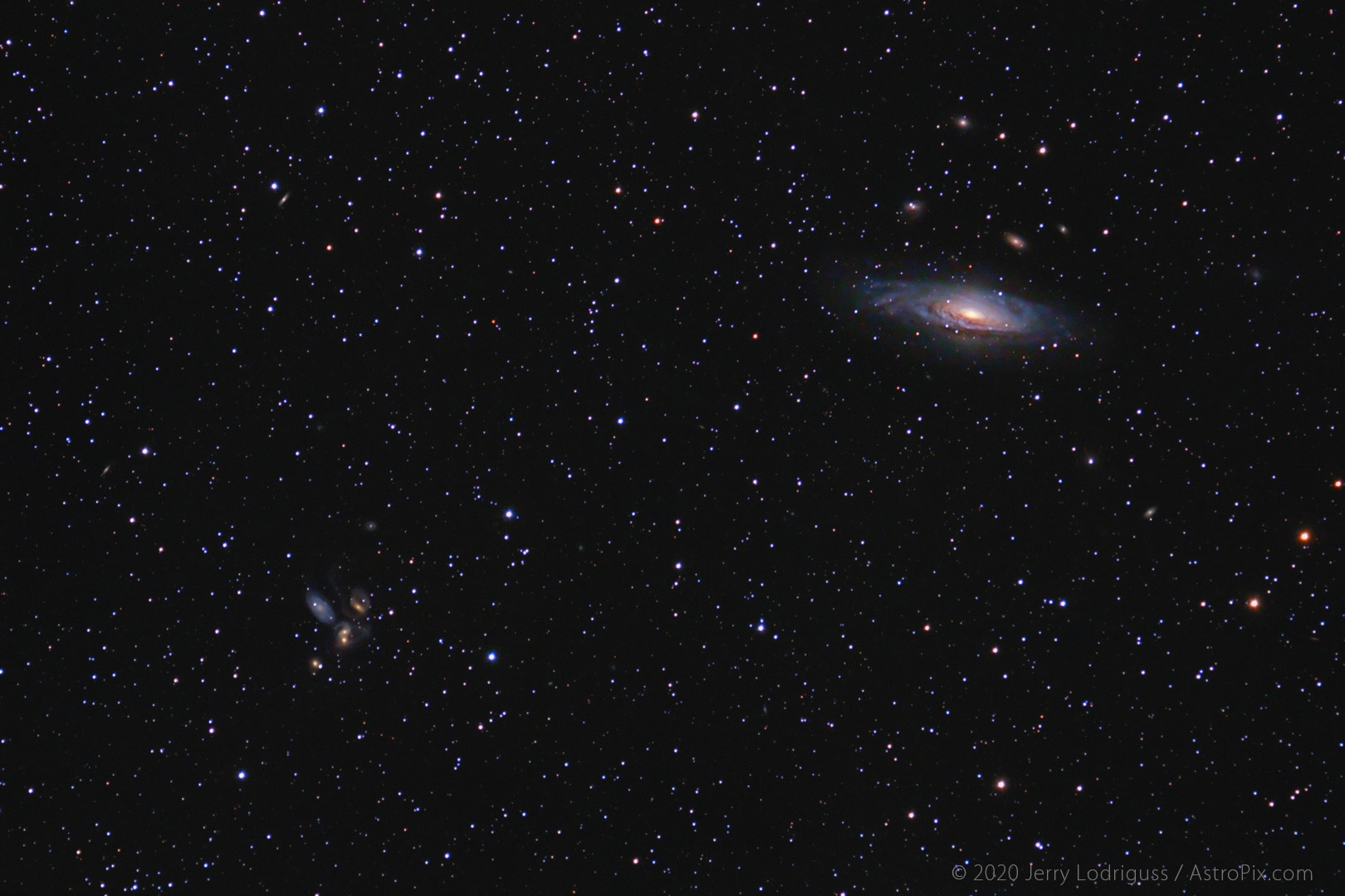 NGC 7331 is the large spiral galaxy at upper right, and Stephan's Quintet is a compact galaxy group at lower left.