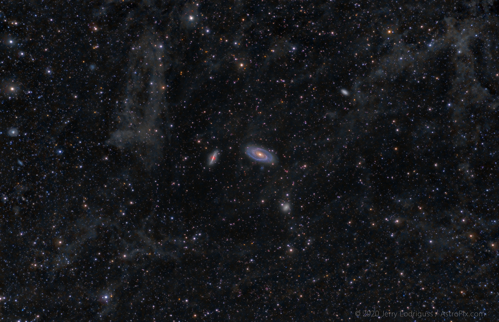 Galaxies M81, M82 are seen through the extrememly faint Integrated Flux Nebula in Ursa Major. This is 28 hours total exposure (my personal record) at f/2.8 from MPASS 20.5 skies.