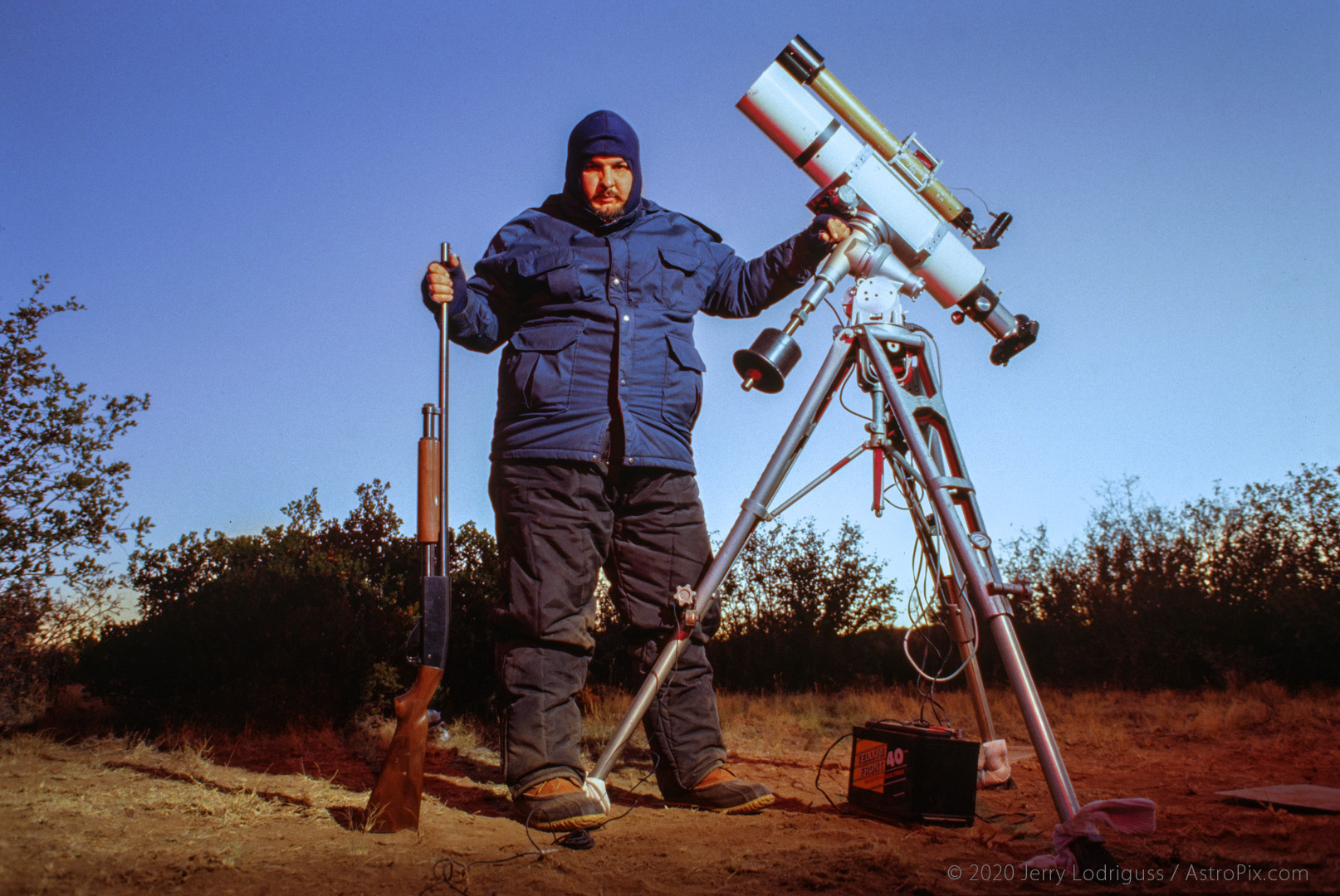 Astrophotographer Jerry Lodriguss and his Astro-Physic's 130 EDT f/8 Triplet Apochromatic Refractor on an astrophotography expedition to the wilds of Arizona in 1989. Losmandy GM 100 EQ mount, 80mm guidescope for manual guiding (yes, this is when men were men and had to manually guide multiple-hour-long exposures). Nikon F3 film camera.