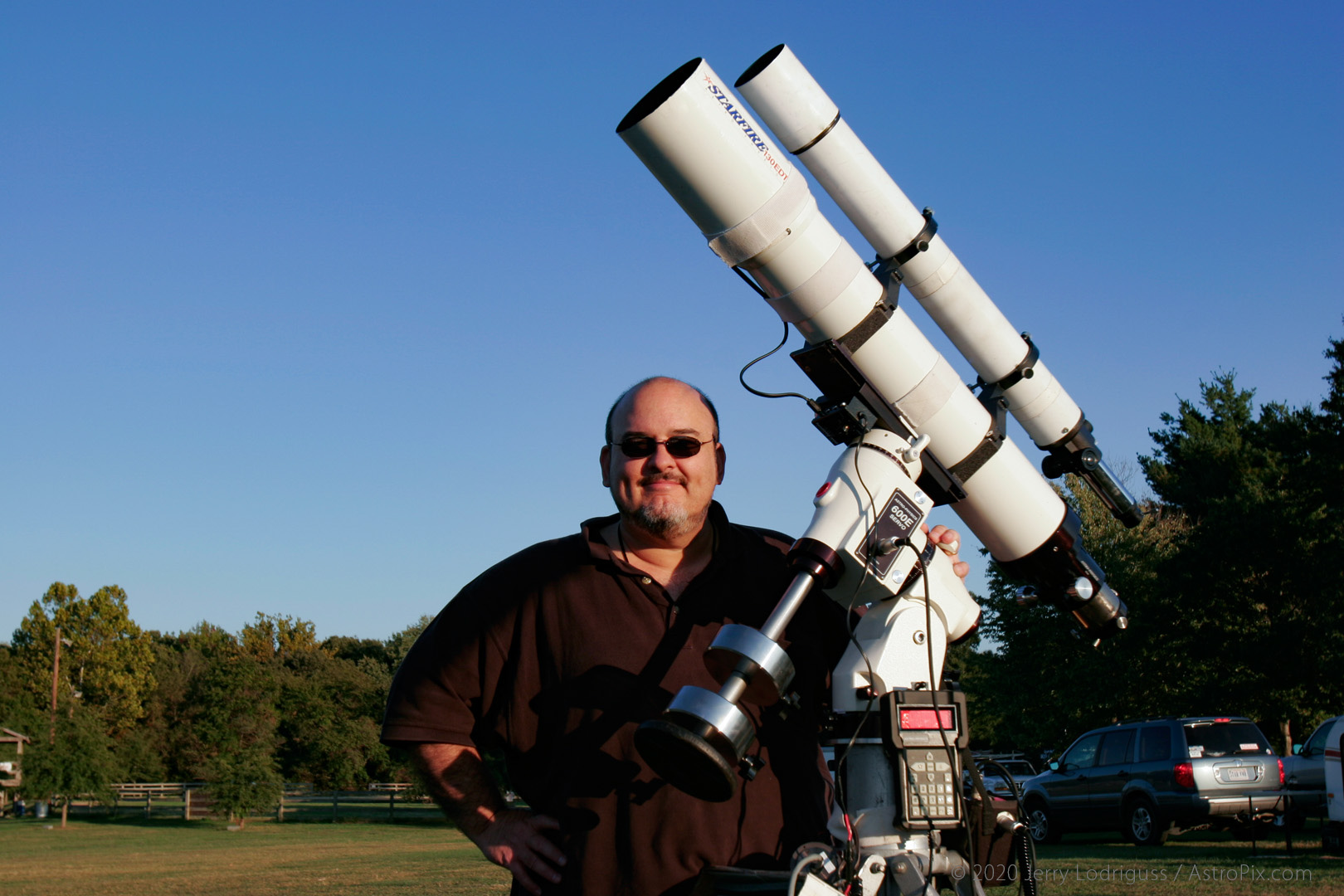 AP130EDT, AP 600E mount, 80mm guidescope, ST-4 autoguider, Nikon F3 film camera. DelMarVa star party,  2007.