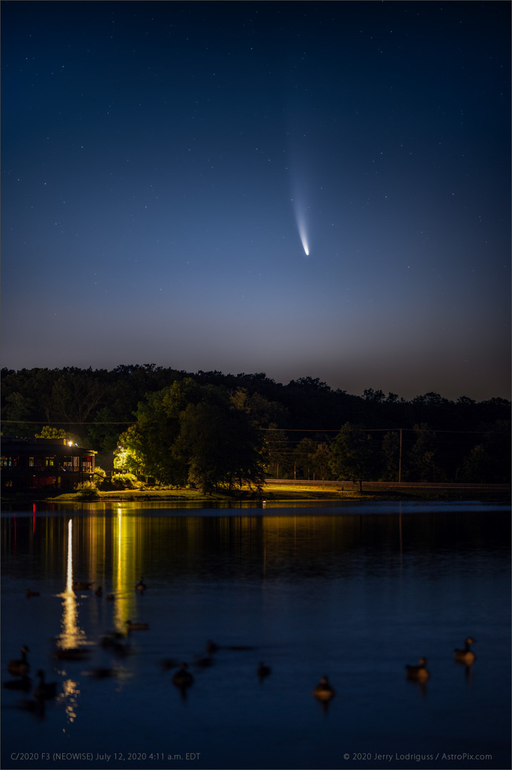 Comet C/2020 F3 (NEOWISE) rises above Silver Lake in suburban Philadelphia on the morning of July 12, 2020 at 4:30 a.m. EDT.<br /><br />Sigma 105mm f/1.4 working at f/1.4<br />Nikon Z6<br />Stack of eight 6-second exposures ISO 100 for the comet.<br />One 6-second exposure for foreground.