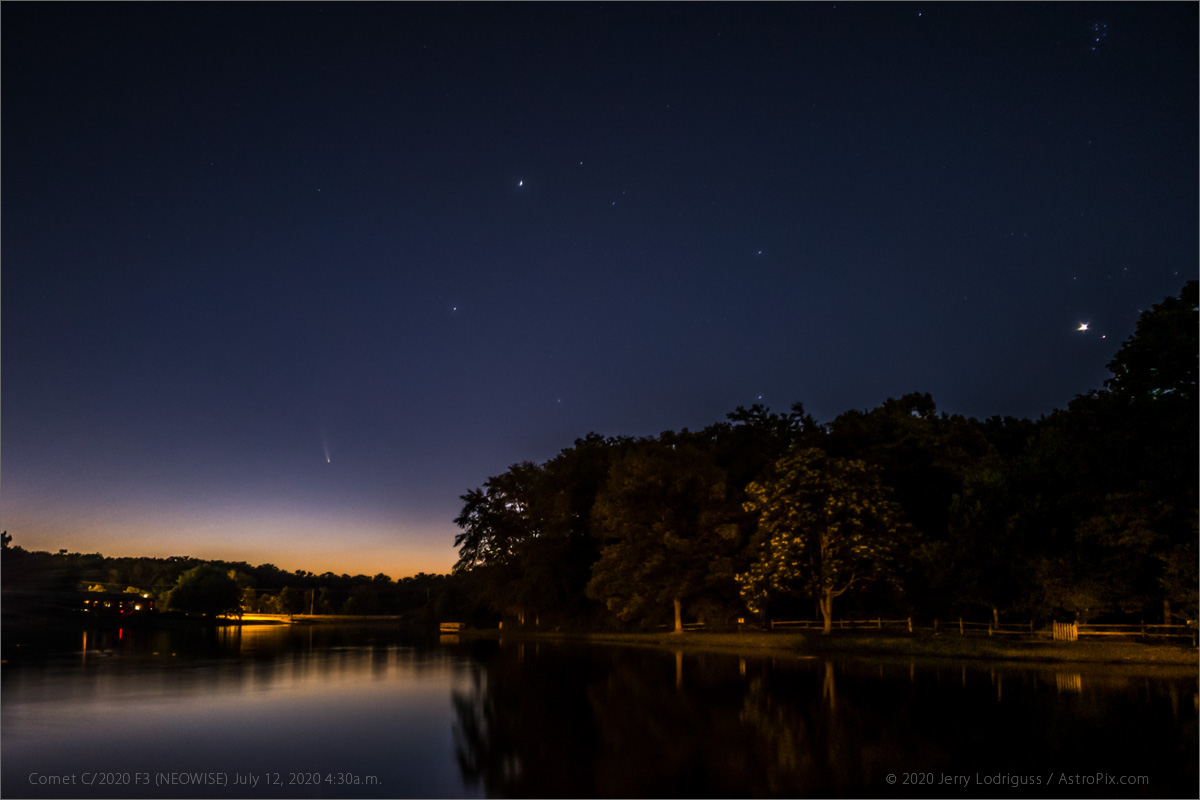 Comet C/2020 F3 (NEOWISE) rises in the dawn twilight next to the constellation of Auriga over Silver Lake in Gibbsboro, NJ on July 12, 2020 at 4:30 a.m. EDT. Brilliant Venus is next to the Hyades at far lower right, with the Pleiades at upper right. <br /><br />Galaxy S10<br />4.3mm focal length<br />8 seconds exposure at ISO 100<br />Manual exposuer mode