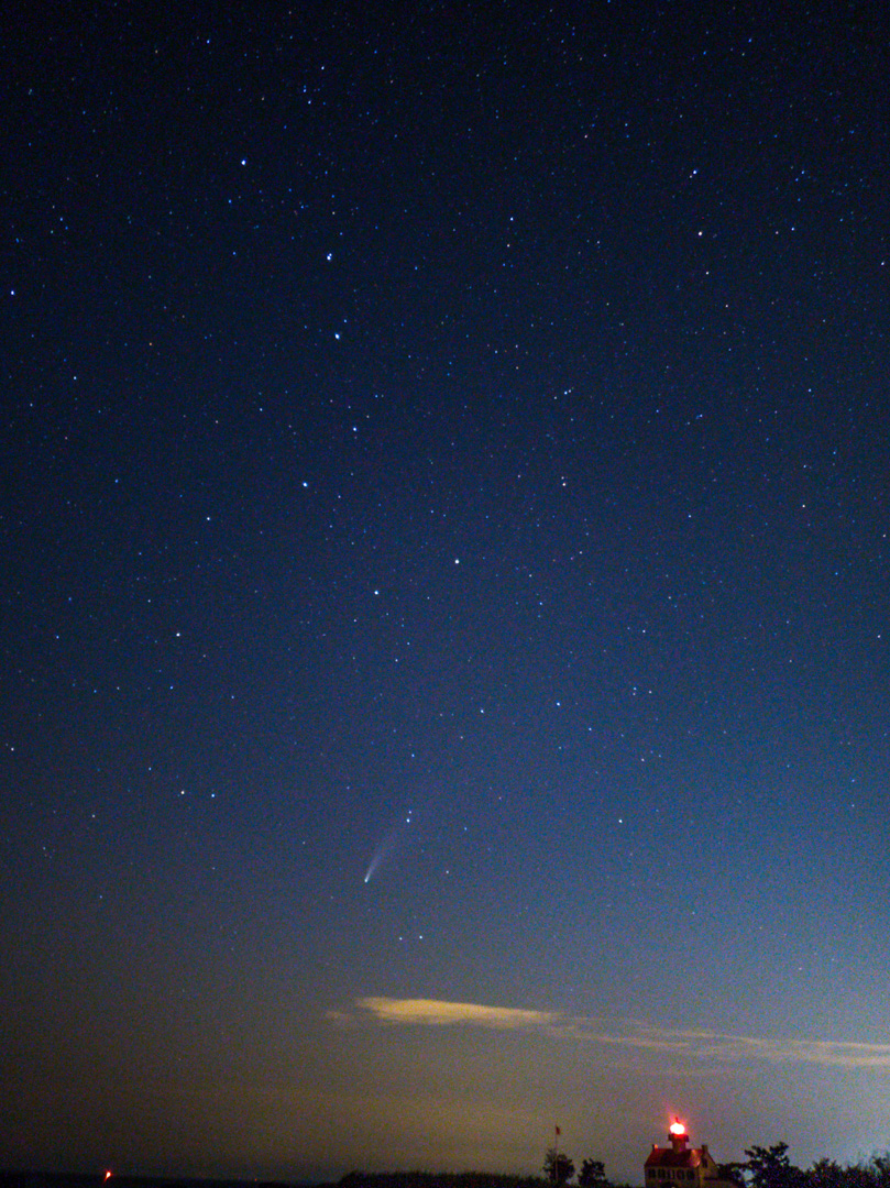 Comet NEOWISE is visible under the bowl of the little dipper, with the East Point Lighthouse at lower right. This was a kind of throwaway shot just to see what the Galaxy S10 could do with a tracked exposure. I think it did pretty good for a cell phone, but if you enlarge it, you can see the stars are not that great. Amazingly, if you really know where to look, you can see galaxy M51 on the original full-resolution image. <br /><br />Galaxy S10<br />4.3mm lens<br />30-second exposure<br />f/1.5<br />ISO 800<br />Polar Aligned iOptron equatorial SkyTracker mount