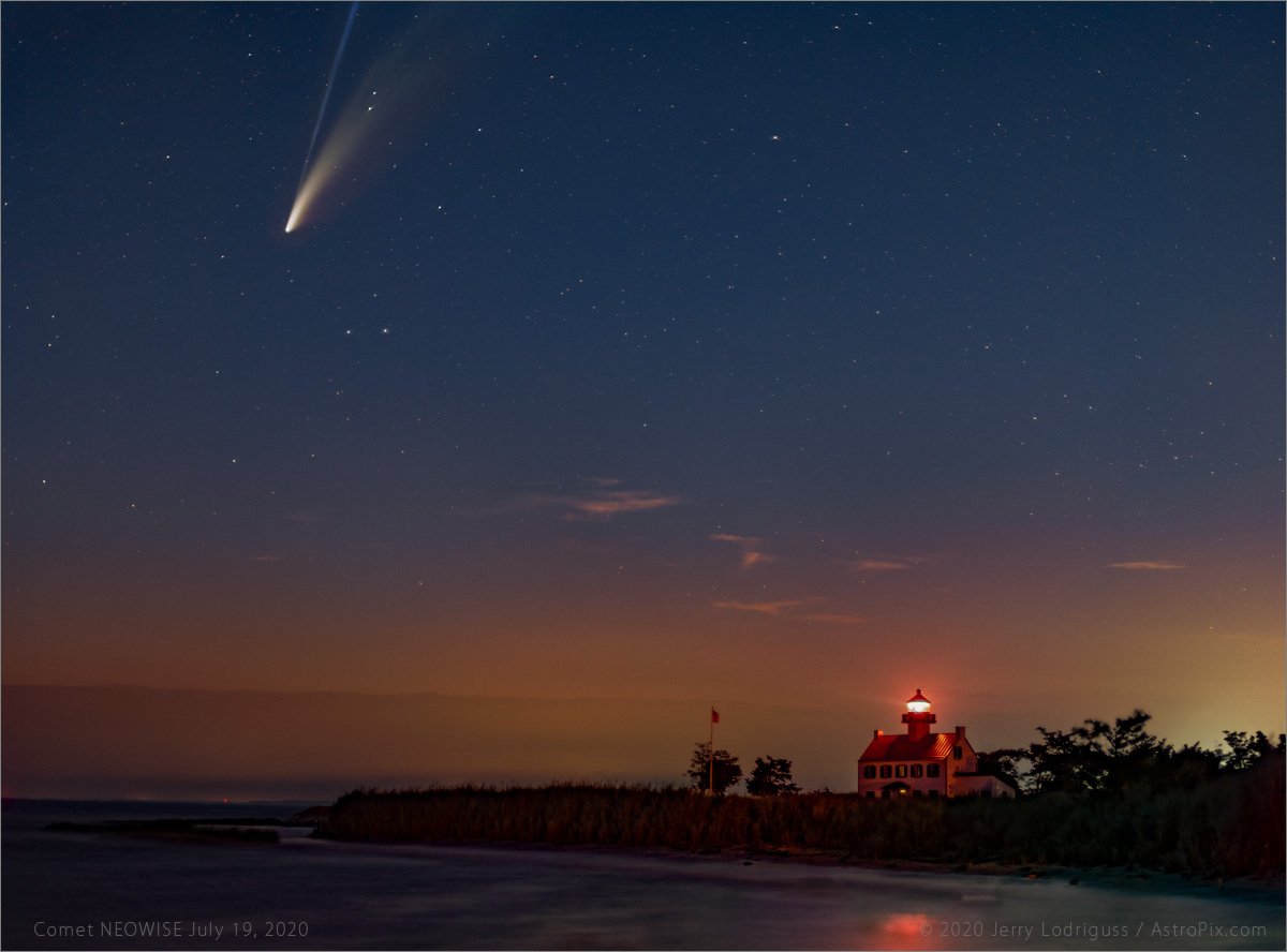 Comet C/2020 F3 (NEOWISE) and the East Point Light House, July 19, 2020.  Curiously, this night, when it was mostly clear, no one else was there to shoot the comet.<br /><br />Nikon Z6<br />Nikkor 50mm AI-S f/1.4 working at f/1.4<br />3-panel pano with 50mm lens for foreground, each panel 15 seconds at ISO 400<br />147 x 10-second exposure stack for the comet with the 105mm f/1.4<br />iOptron SkyTracker
