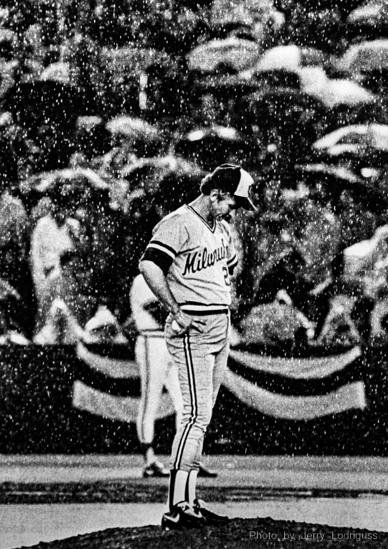 Milwaukee Brewers' pitcher Don Sutton stands dejected in the rain at Busch Stadium just before being pulled from the game after giving up a second home run to St. Louis Cardinals' Keith Hernandez in game 6 of the 1982 World Series. The game was won by the Cards 13-1, tying the series and sending it to a seventh game.