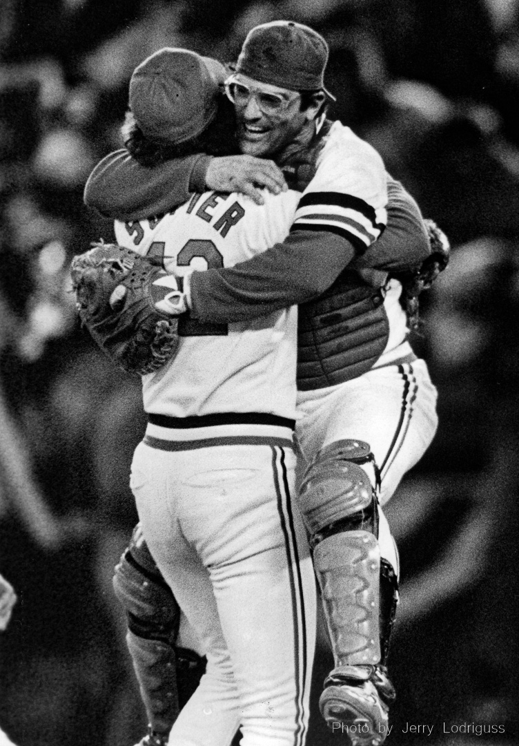 Cardinals World Series MVP Darrell Porter jumps into the arms of Card's relief ace Bruce Sutter after St. Louis defeated Milwaukee 6-3 in game seven of the World Series on October 20, 1982 in St. Louis.