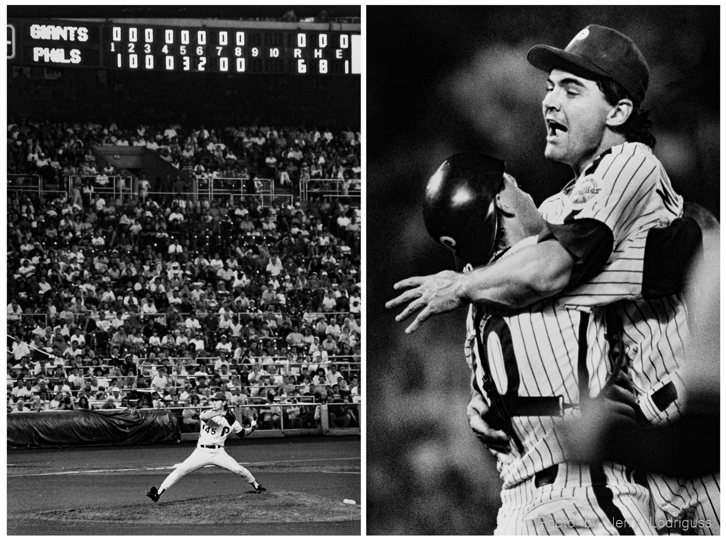 Phillies' pitcher Terry Mulholland throws in the 9th, and then jumps into the arms of catcher Darren Daulton after throwing a no-hit shutout against the San Francisco Giants in Philadelphia on August 15, 1990.