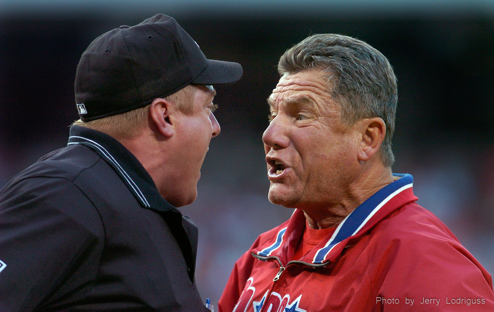 Phillies manager Larry Bowa argues with home plate umpire Bruce Dreckman after a foul ball by the Braves Rafael Furcal was ruled a three-run home run in the 3rd inning. Bowa was tossed and the home run stood.