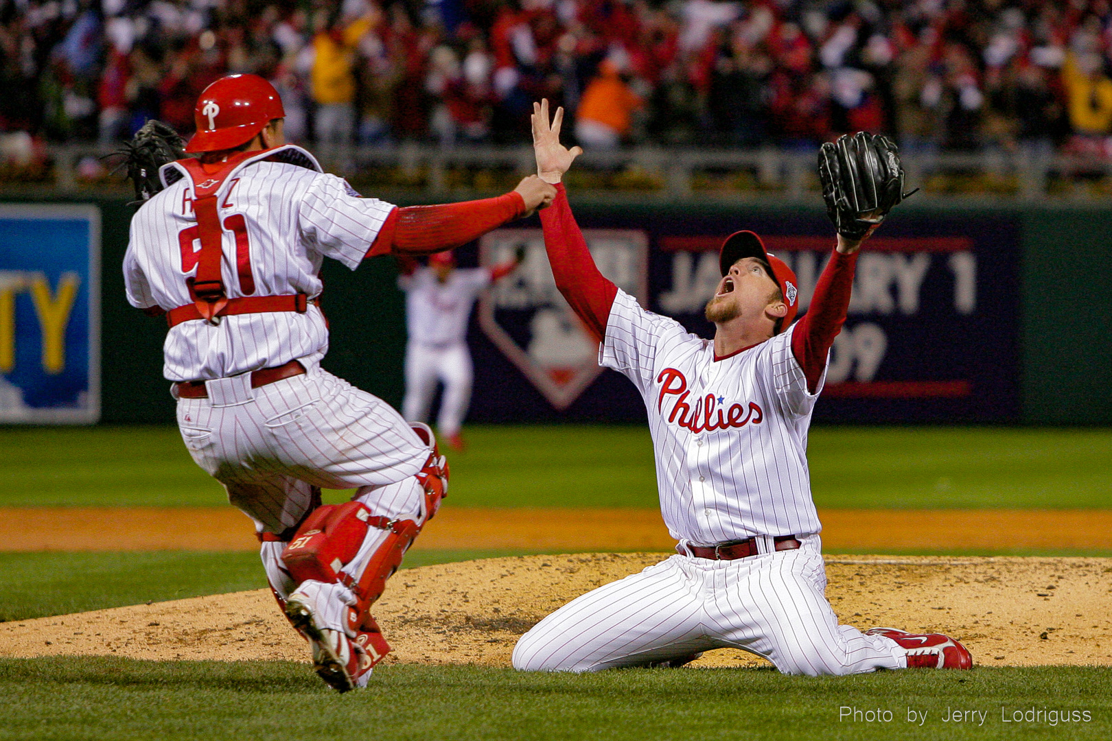 Phillies closer Brad Lidge and catcher Carlos Ruiz celebrate after Lidge struck out the Tampa Bay Rays' Eric Hinske for the final out in the ninth inning of game five of the 2008 World Series to give the Phillies the Championship on October 29, 2008.