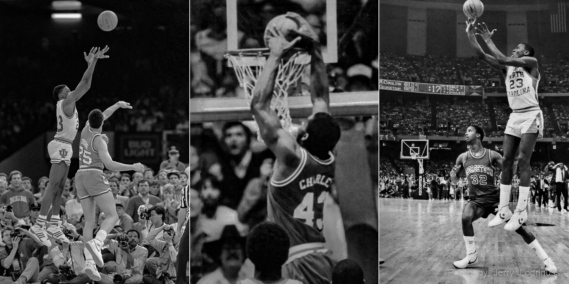 Left: Keith Smart hits the game-winning 16-foot jump shot from the left side with five seconds remaining to give Indiana a 74-73 victory over Syracuse in the NCAA men's basketball championship game in New Orleans on March 30, 1987. <br /><br />Center: North Carolina State's Lorenzo Charles dunks the ball at the buzzer to beat Houston 54-52 to win the NCAA Men's basketball tournament national championship. Charles grabbed an errant 30-foot desperation shot by Dereck Whittenburg which missed the rim and put it in to win it for the Wofpack in Albuquerque, New Mexico on April 4, 1983<br /><br />Right: With 17 seconds left, Michael Jordan hits the game-winning jump shot to beat Georgetown 63-62 and claim the 1982 NCAA basketball national championship for North Carolina in New Orleans on March 29, 1982.