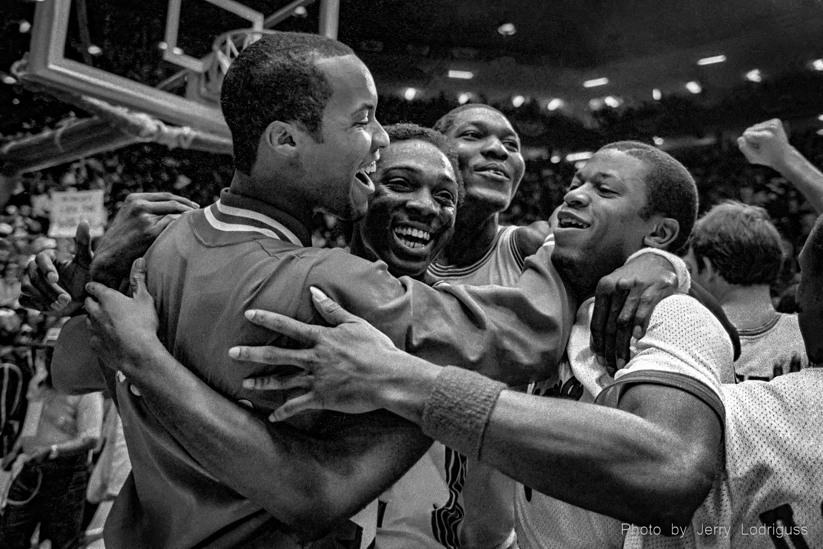 Houston's "Phi Slamma Jamma" celebrate win in the Final Four on April 2, 1983 in Albuquerque, NM that put them in the championship game against North Carolina State in the finals of the NCAA basketball tournament.