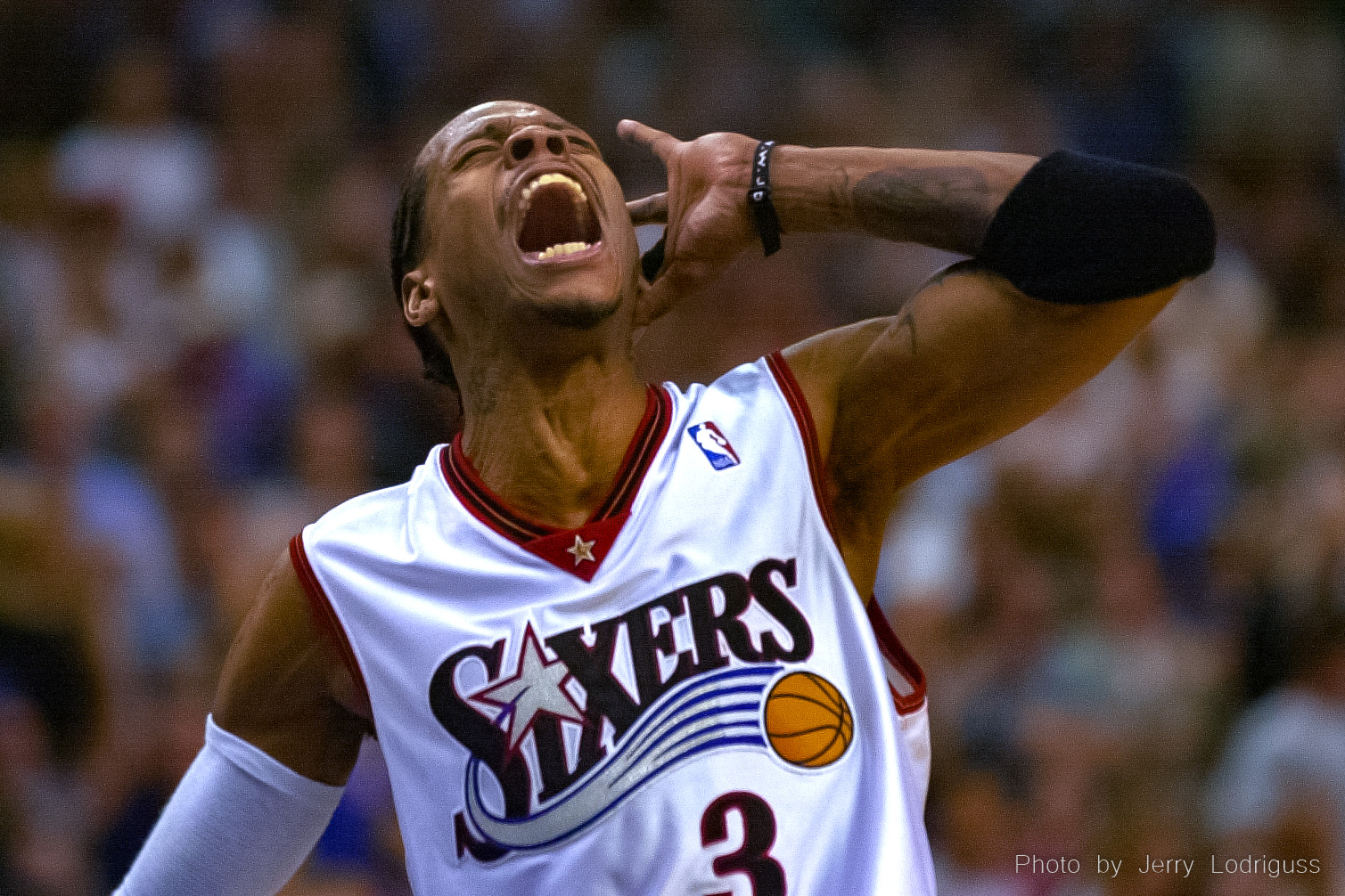 The Philadelphia 76ers Allen Iverson lets out a primal scream during his 52-point effort in the Sixers 121-88 victory over the Toronto Raptors in game 5 of their NBA playoff series.