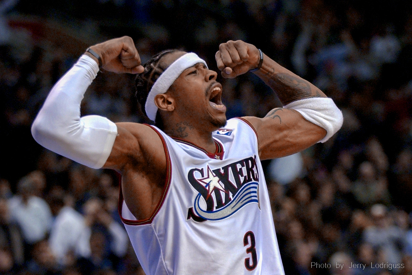 Sixers Allen Iverson is pumped up after the final buzzer sounds after the Bulls could not get off a final shot on their final posession of the game. Iverson hit the winning shot with 45.9 seconds left in the game. The Philadelphia 76ers beat the Chicago Bulls 83-82 at the Wachovia Center in Philadelphia on Thursday December 4, 2003.