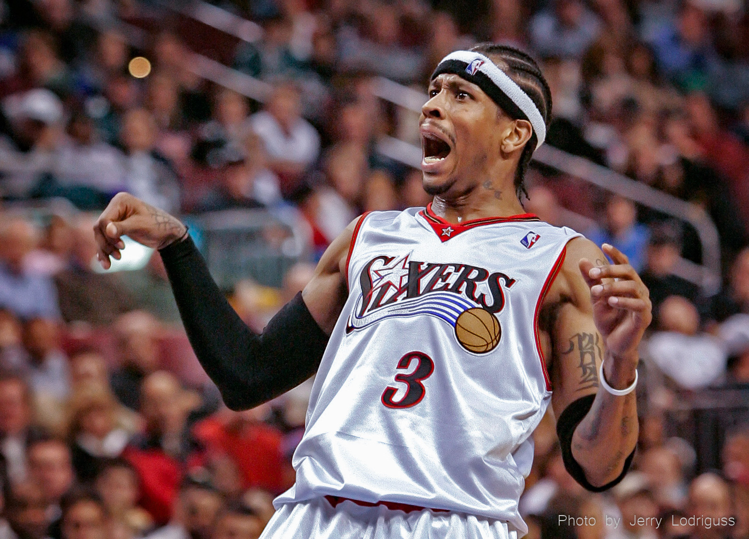 Sixers Allen Iverson reacts as he misses a free throw after a made basket that would have given him a three-point play. Iverson finished the first half with 24. The Philadelphia 76ers faced the Toronto Raptors on January 14, 2005.