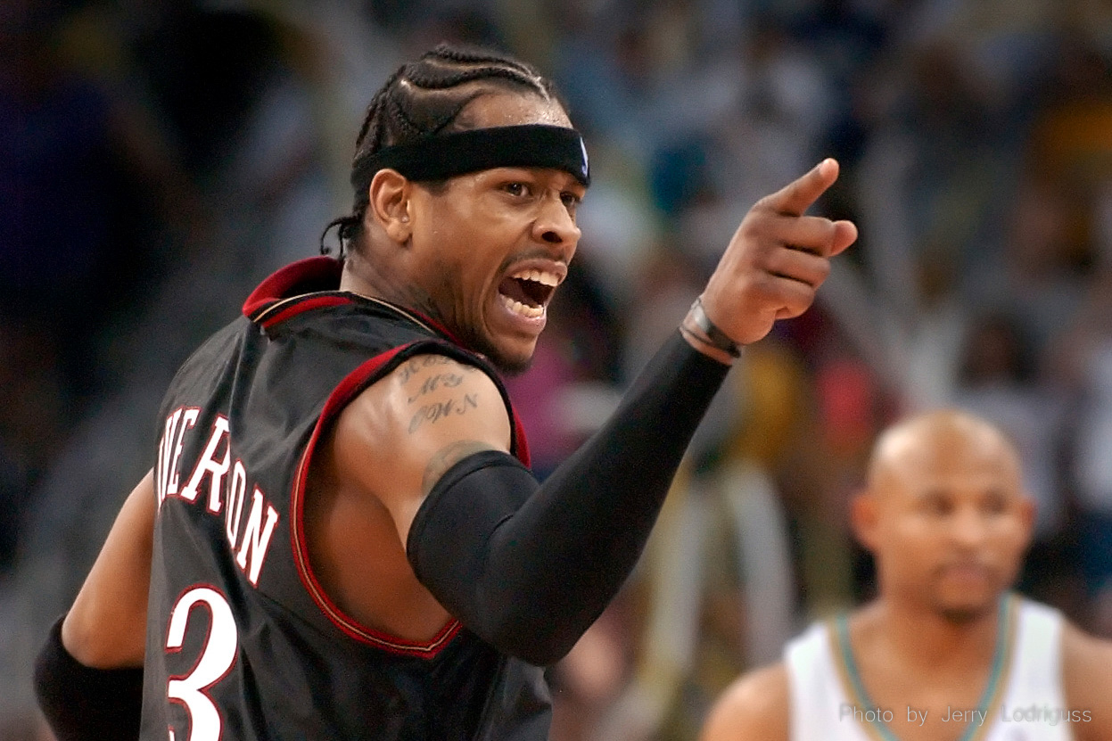 Sixers Allen Iverson shows his passion during a Sixer run in fourth quarter. The Philadelphia 76ers faced the New Orleans Hornets  at the New Orleans Arena in New Orleans on Friday May 2, 2003.and won 107-103 in game six to clinch the first round of the NBA playoffs 4 games to 2.