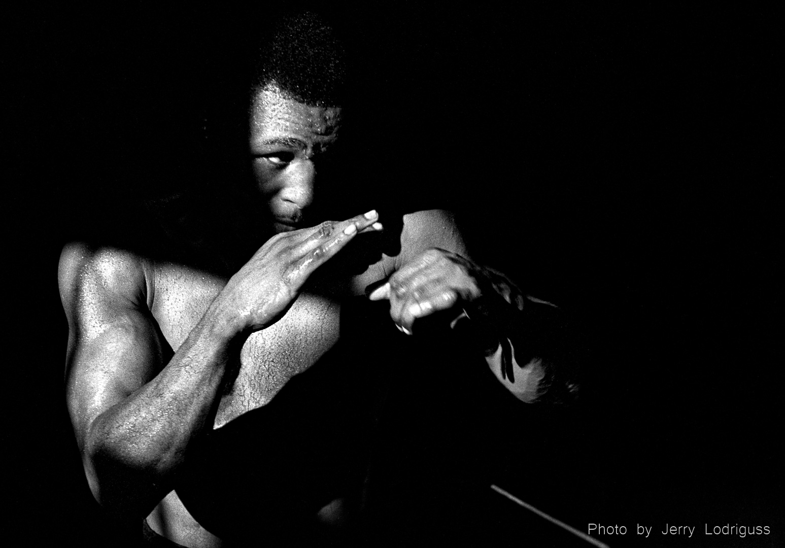 Bernard Hopkins shadow boxes at Champ's Gym in Philadelphia in 1988.