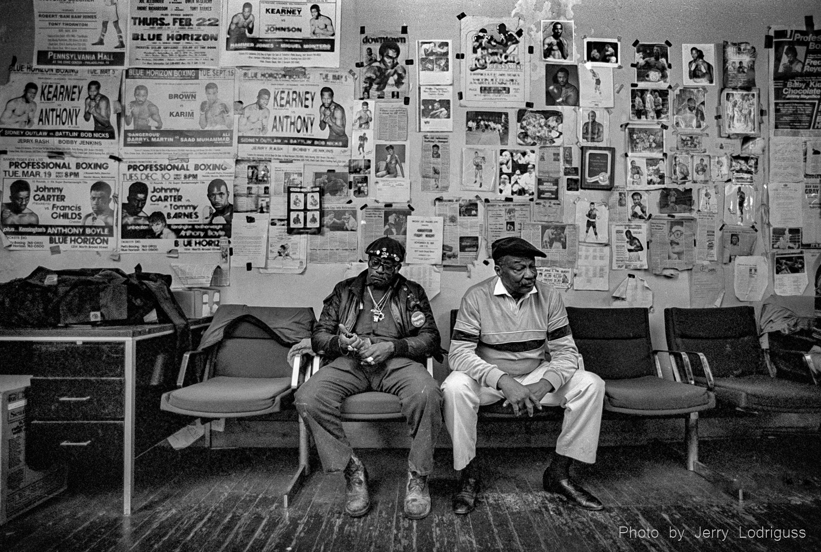 Smiley Haywood and Elder Bufford Gaines sit together at Champs gym in 1990.