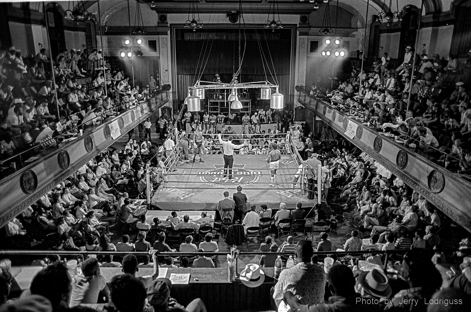 The Blue Horizon is a legendary boxing venue at 1314 Broad Street in Philadelhia. The building was constructed in 1865 as a residential home. In 1912 it was converted to a Moose Lodge, and outfitted for boxing in 1961. The venue seats 1,300 in an intimate small-theater-like setting with a balcony so close you could easily vault the railing and be in the ring.