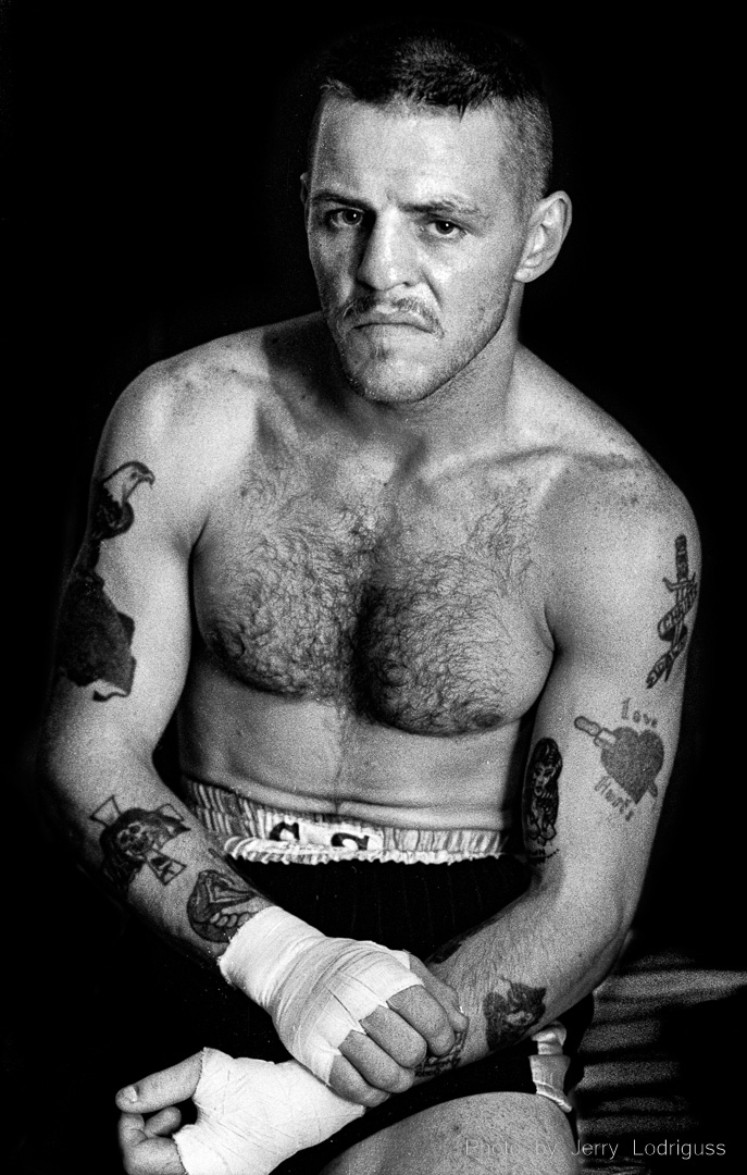 Chris Organtini poses for a portrait in his dressing room at the Blue Horizon before a fight in 1988. Organtini is a club fighter who works in a tire wharehouse during the day in Norristown, Pa.