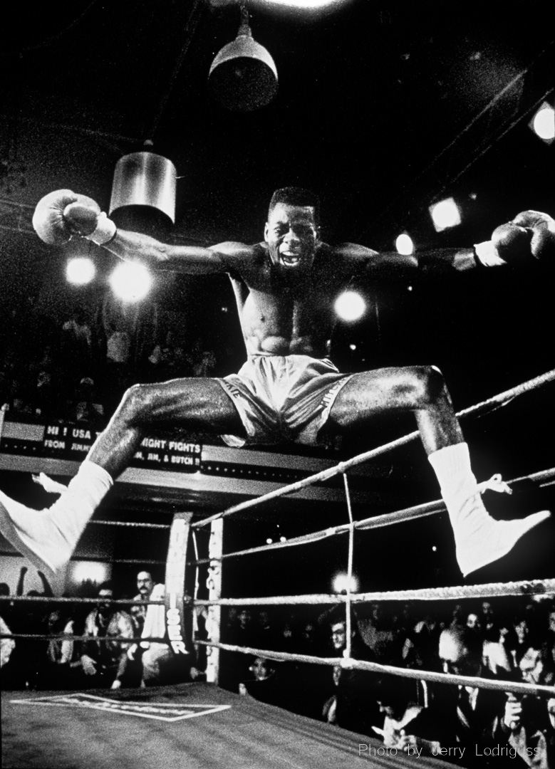 Frankie Mitchell jumps into the air after beating Roberto Medin for the NABF lightweight title in a 10th round TKO at the Blue Horizon Boxing Club.<br /><br />Mitchell, who was fighting an admitted cocaine habit at the time, was not prevented from boxing by the Pennsylvania State Athletic Commission because they said an admission of addiction by the fighter was not "proof" of any violation of the rules.<br /><br />Medin, who served time for forgery, was fighting for only the second time since being released from prison.