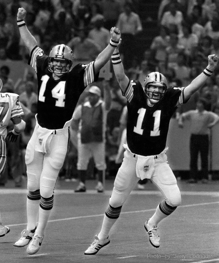 New Orleans' place kicker Russell Erxleben (left), and his holder Ed Burns, celebrate a rare Erxleben field goal during the 1979 season. Erxleben, the Saints first-round draft pick, was injured most of the season and kicked only two field goals all year.