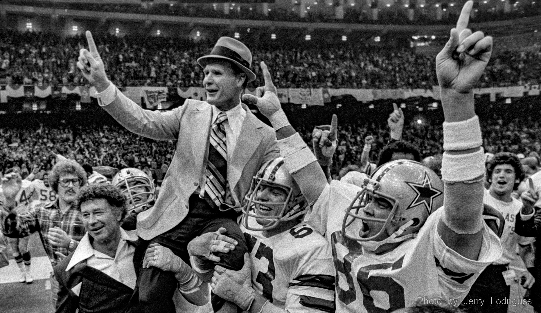Dallas coach Tom Landry is carried off the field after the Cowboys beat the Denver Broncos 27-10 to win Super Bowl XII in the Superdome in New Orleans on January 15, 1978.