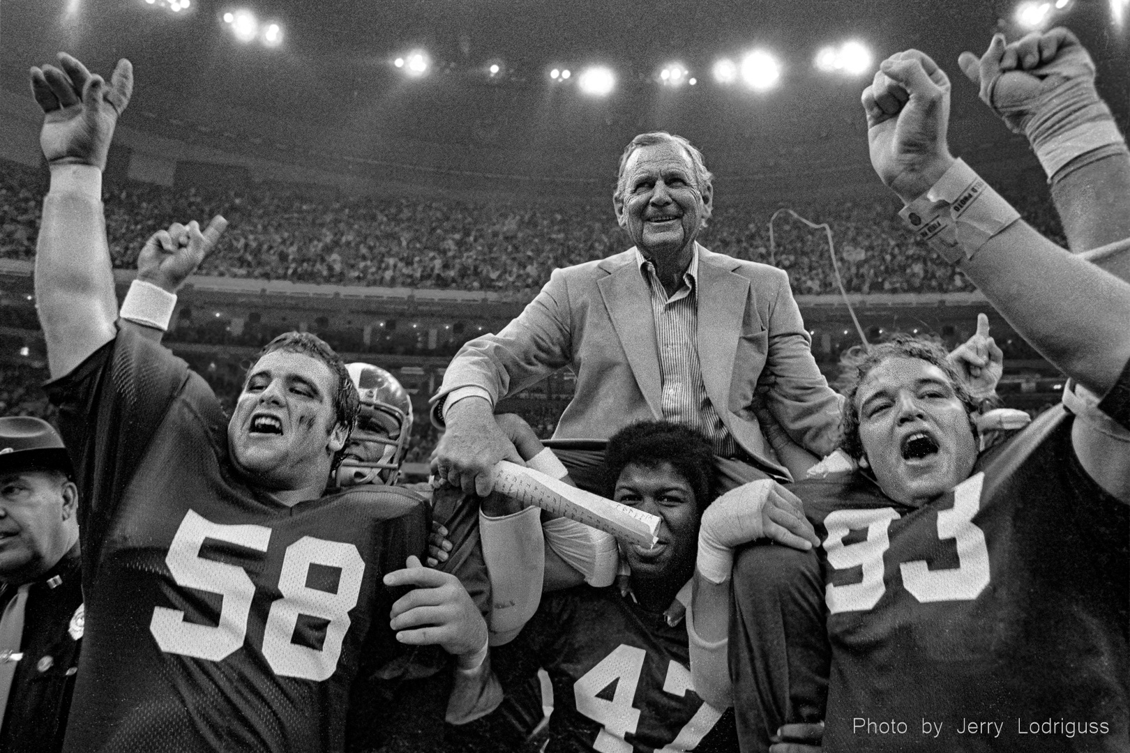 Alabama coach Bear Bryant is carried off the field by his players after beating Ohio State in the Sugar Bowl on January 2, 1978 to win the national championship in college football.