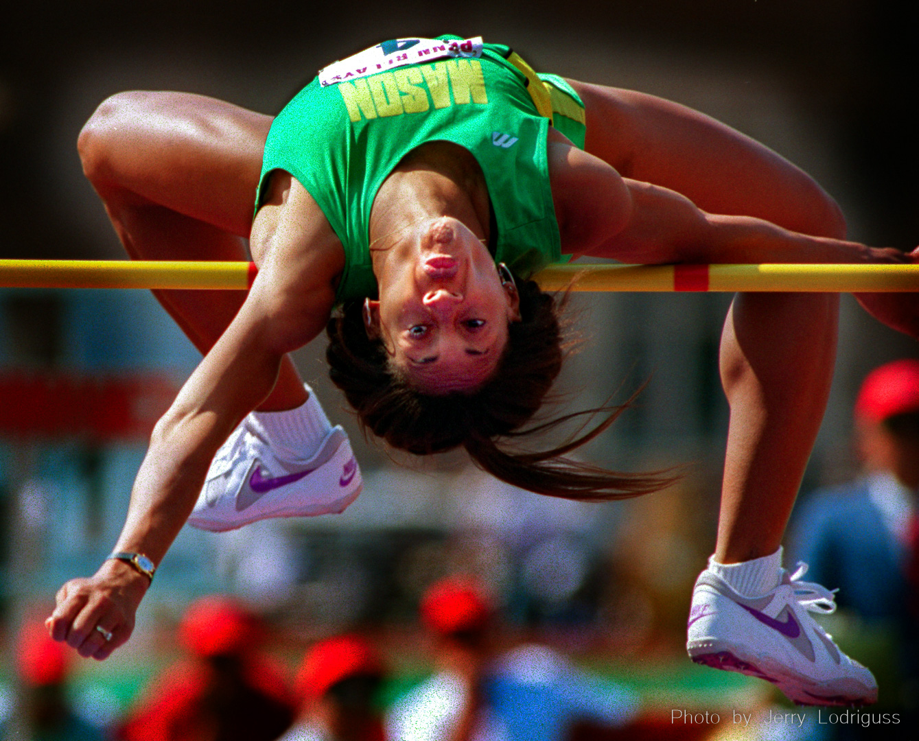 Diane Guthrie of George Mason University clears the high jump bar on her way to winning the women's heptathlon during the 1995 Penn Relays.