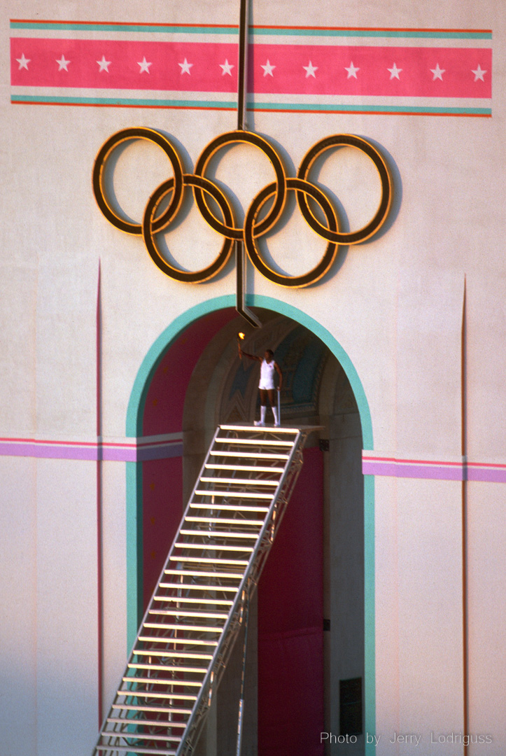 Rafer Johnson, Olympic Torch lighting, opening ceremonies, 1984 Los Angeles Olympics.