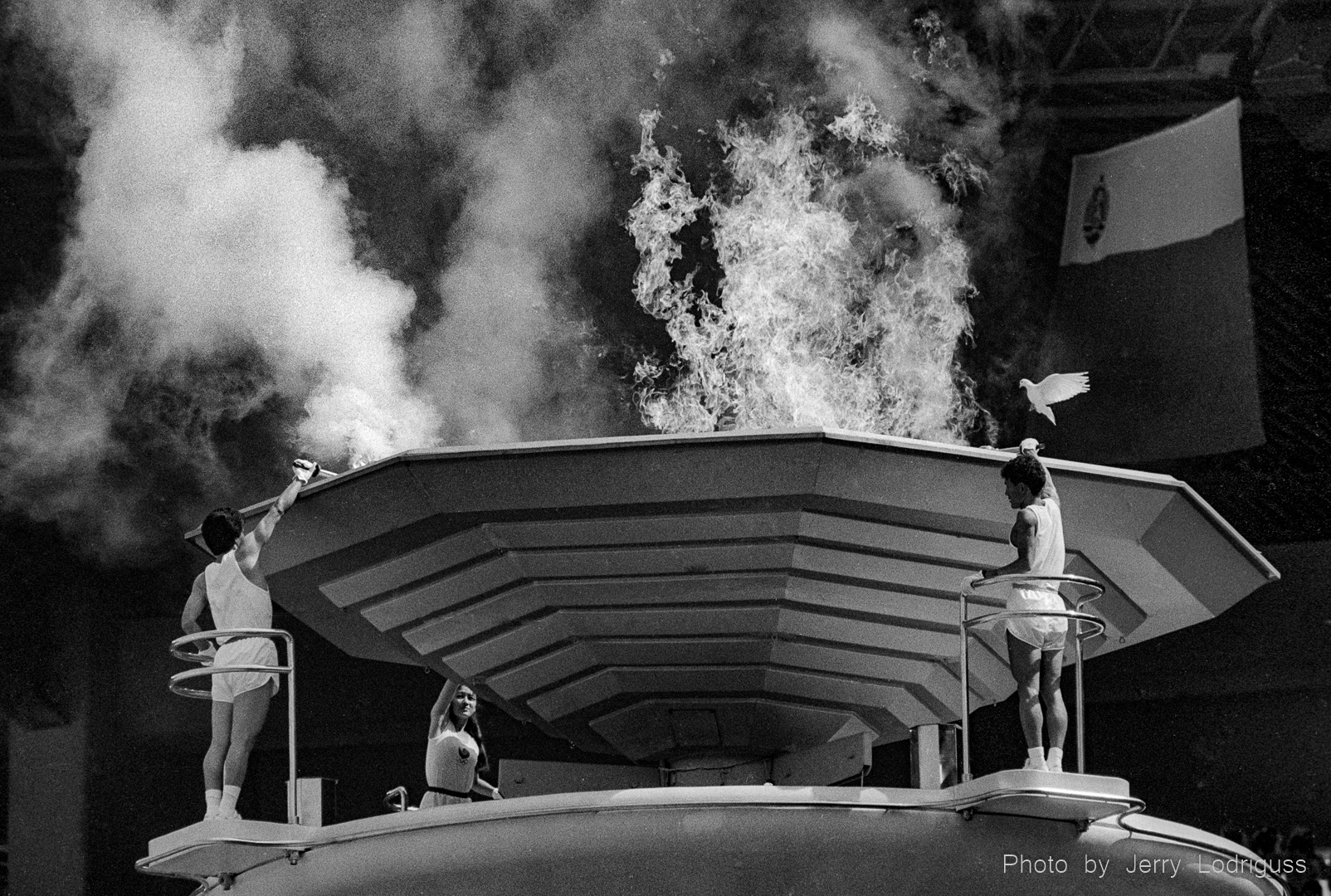 A white dove is almost incinerated as the Olympic flame is lit at the opening ceremonies of the 1988 Seoul Olympic Games.