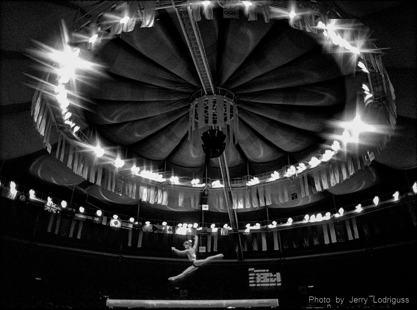 Ivona Krmelová of Czechoslovakia soars high during the balance beam competition at the 1988 Olympic Games in Seoul, South Korea.