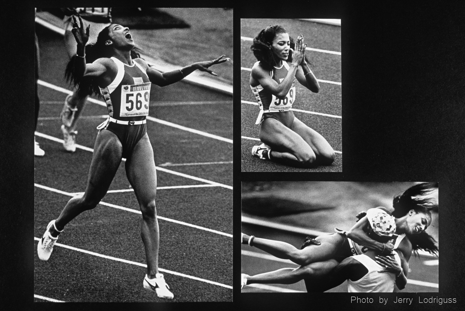 Florence Griffith Joyner reacts after seeing a world-record time posted on the scoreboard as she wins gold in the women's 200 meter finals. After dropping to her knees to pray, she was lifted by her husband, Al Joyner, and spun around. Joyner smashed world records in the 100 and 200 meter races, winning gold medals in both, as well as winning another gold as a member of the 400-meter relay team.