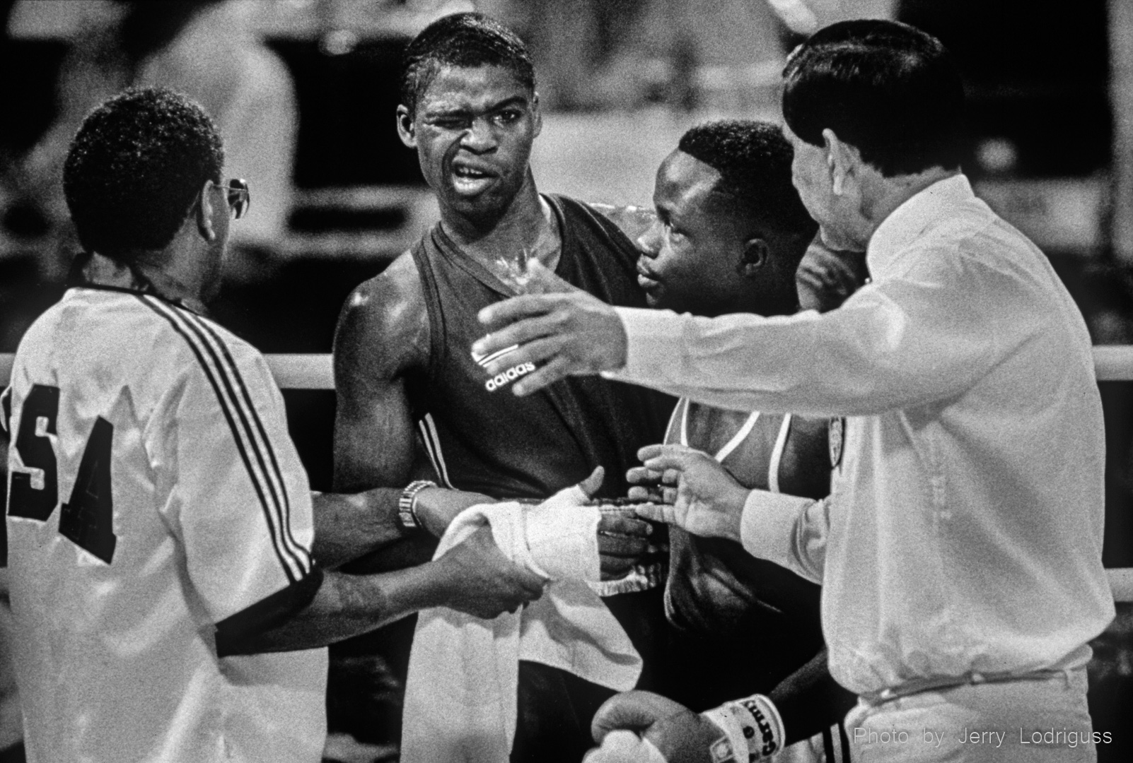 The USA's Kelcie Banks checks his jaw after being knocked out by Holland's Regilio Turr with the first punch 10 seconds into the fight in the 57 kilogram weight category of the boxing competition during the 1988 Olympic Games in Seoul, South Korea.