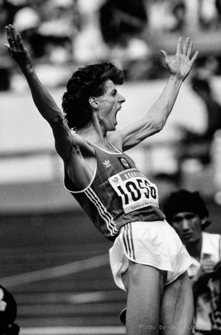 Rudolf Povarnitsyne of the Soviet Union reacts after a jump that won him a bronze medal in the high jump finals during the 1988 Olympic Games in Seoul, South Korea.