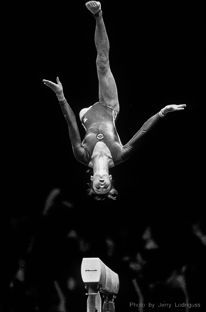 Elena Chouchounova of the Soviet Union flips upside down during the balance beam competition at the 1988 Olympic Games in Seoul, South Korea.