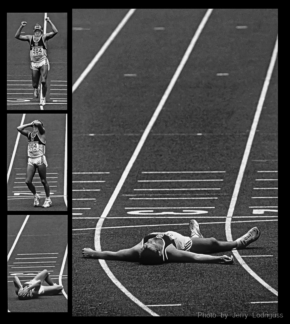 Czechoslovakia's Jozef Priblilinec crosses the finish line to win the 20 kilometer walk and the Gold Medal at the 1988 Seoul Olympic Games, then realizes what he has done and falls to the track in exhaustion.