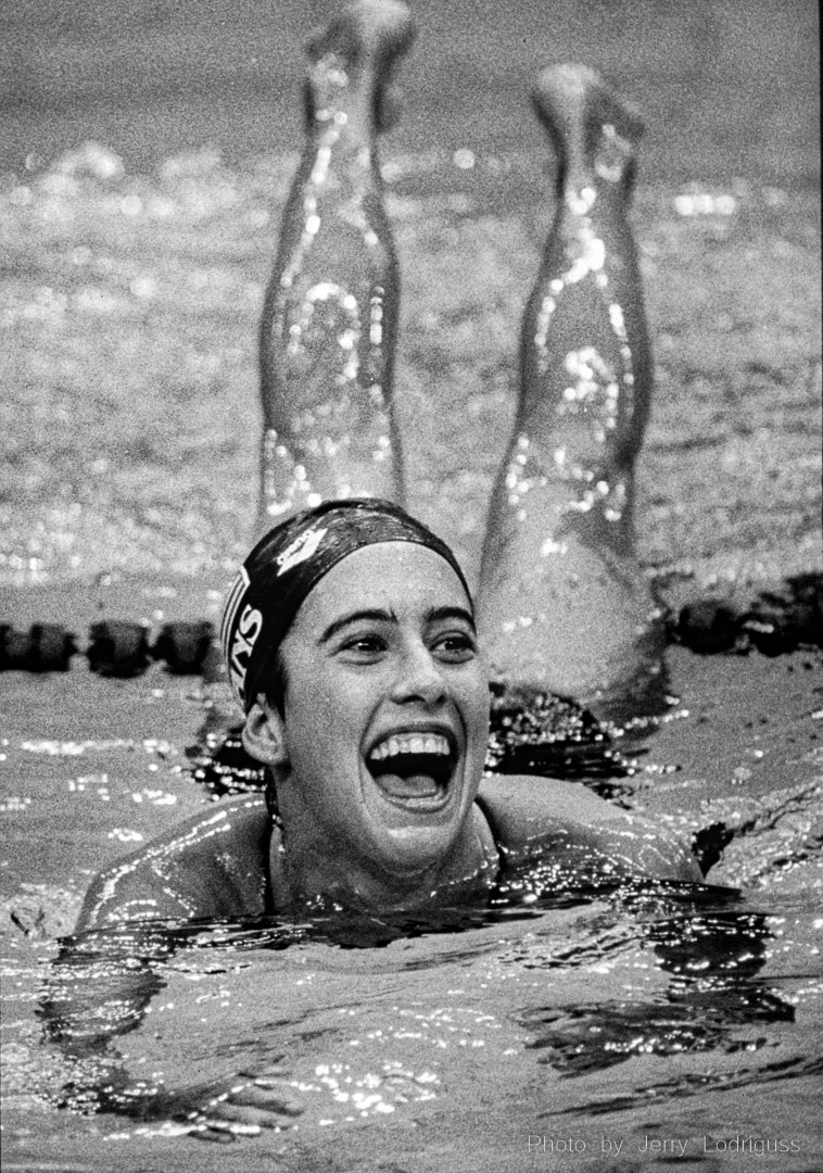 Janet Evans of the United States reacts to winning the gold medal and setting a world record in the finals of the women's 400 meter freestyle at the 1988 Olympic Games in Seoul, South Korea.
