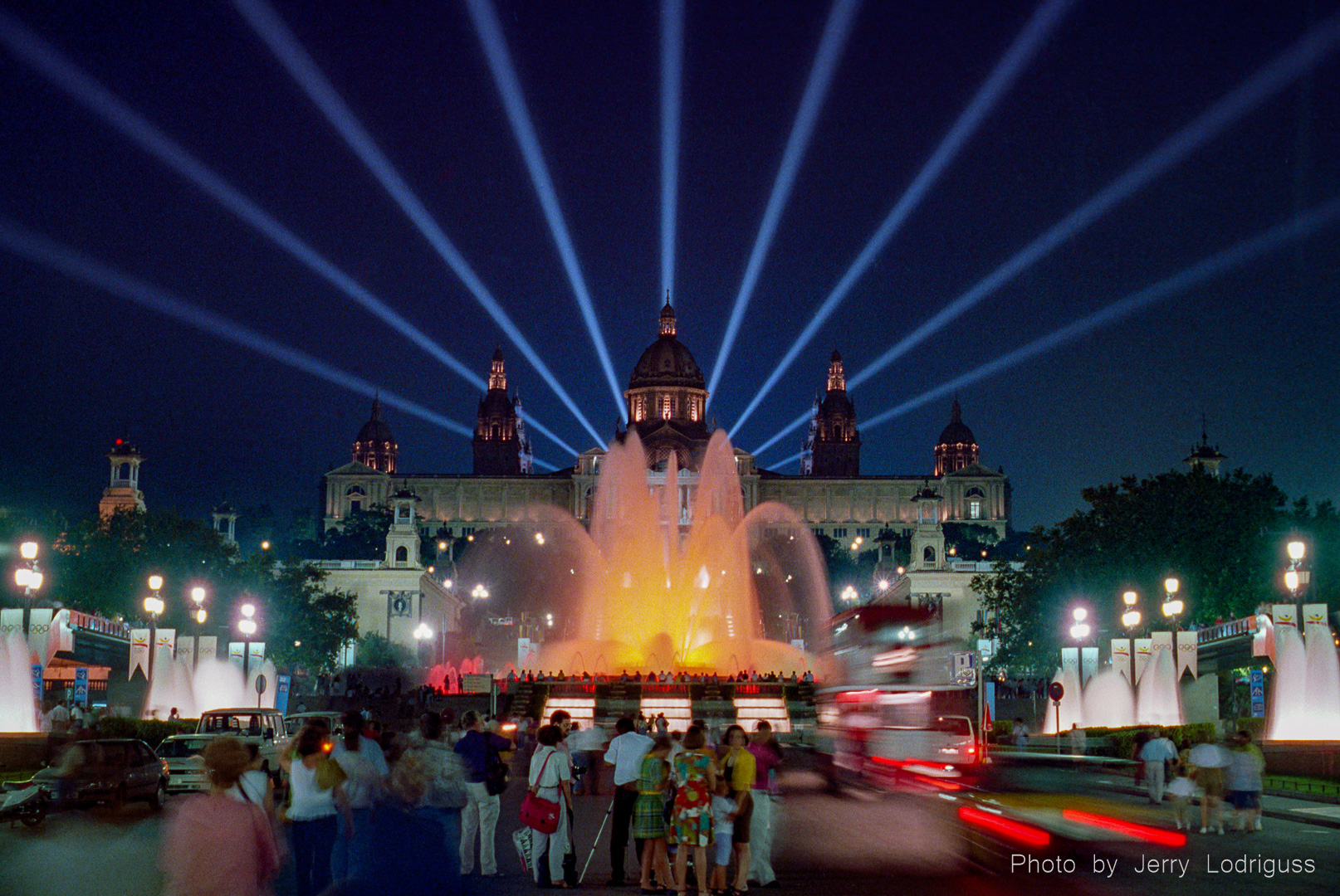 The Magic Fountain and Palau Alfonso XIII in Barcelona are lit up for the 1992 Barcelona Olympic Games.