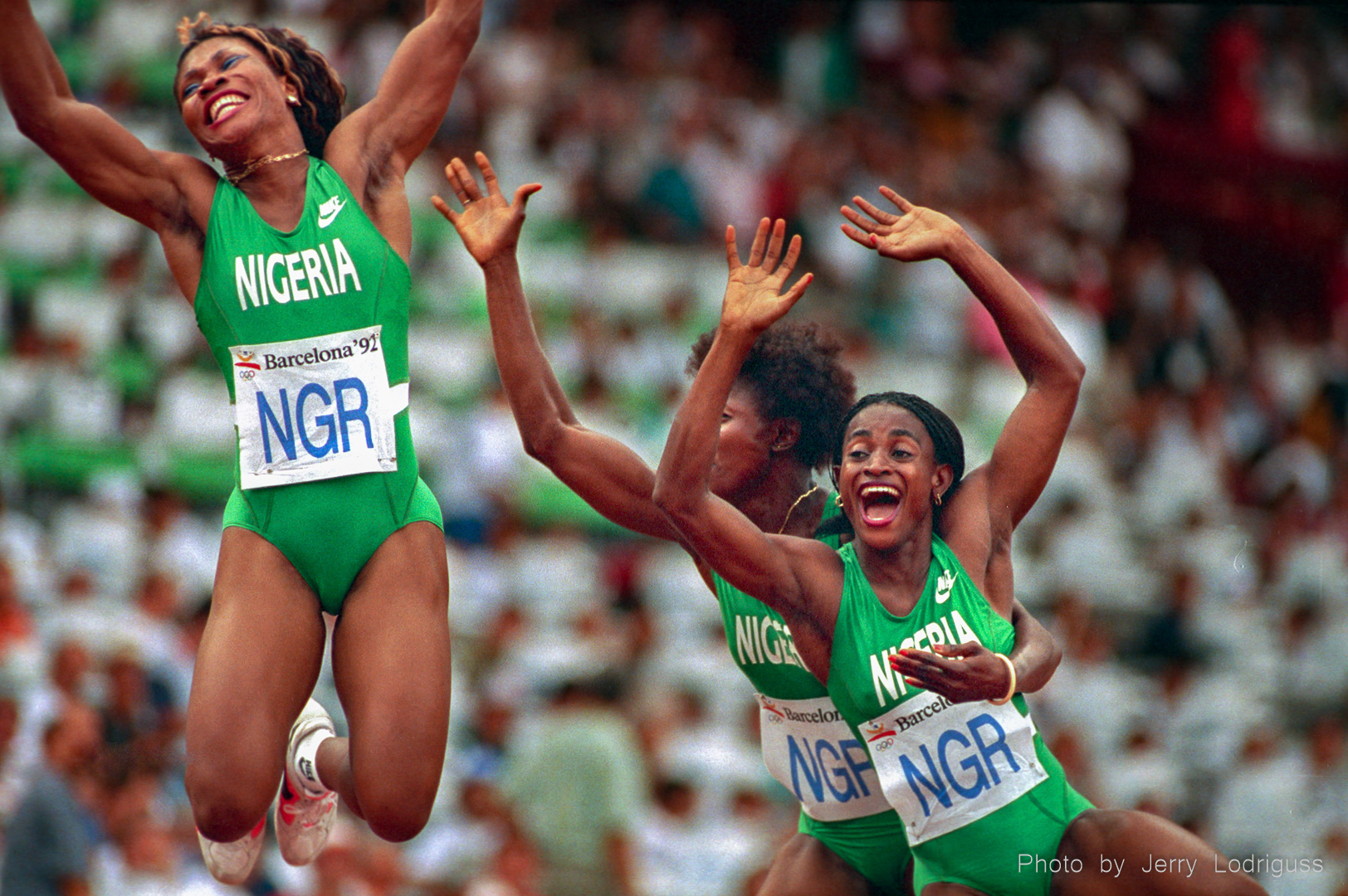 Nigeria's 4 x 100 meter women's relay team can't believe their luck in capturing an unexpected bronze medal in the 1992 Olympics in Barcelona, Spain.