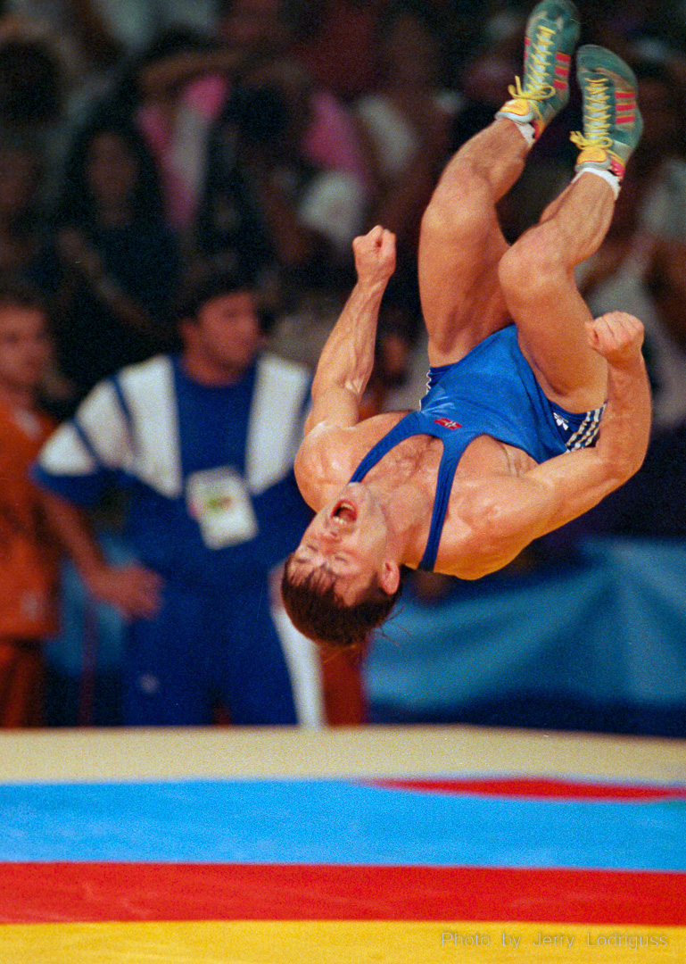 Jon Ronningen flips as he wins the gold medal in wrestling in the 52kg weight class at the 1992 Barcelona Olympics.