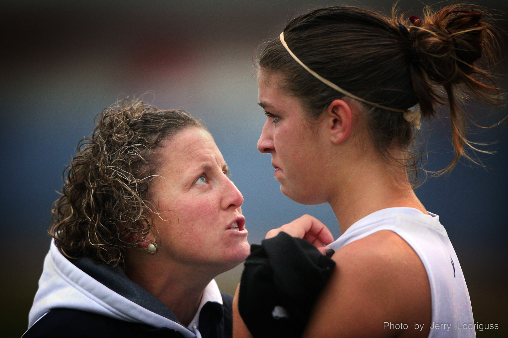 Eastern field hockey coach Danyle Heilig (left) talks with Jaclyn Beasley during the second half of a south Jersey Group 4 field hockey semifinal game with Washington Township at Eastern High School in Voorhees, NJ on November 6, 2008.