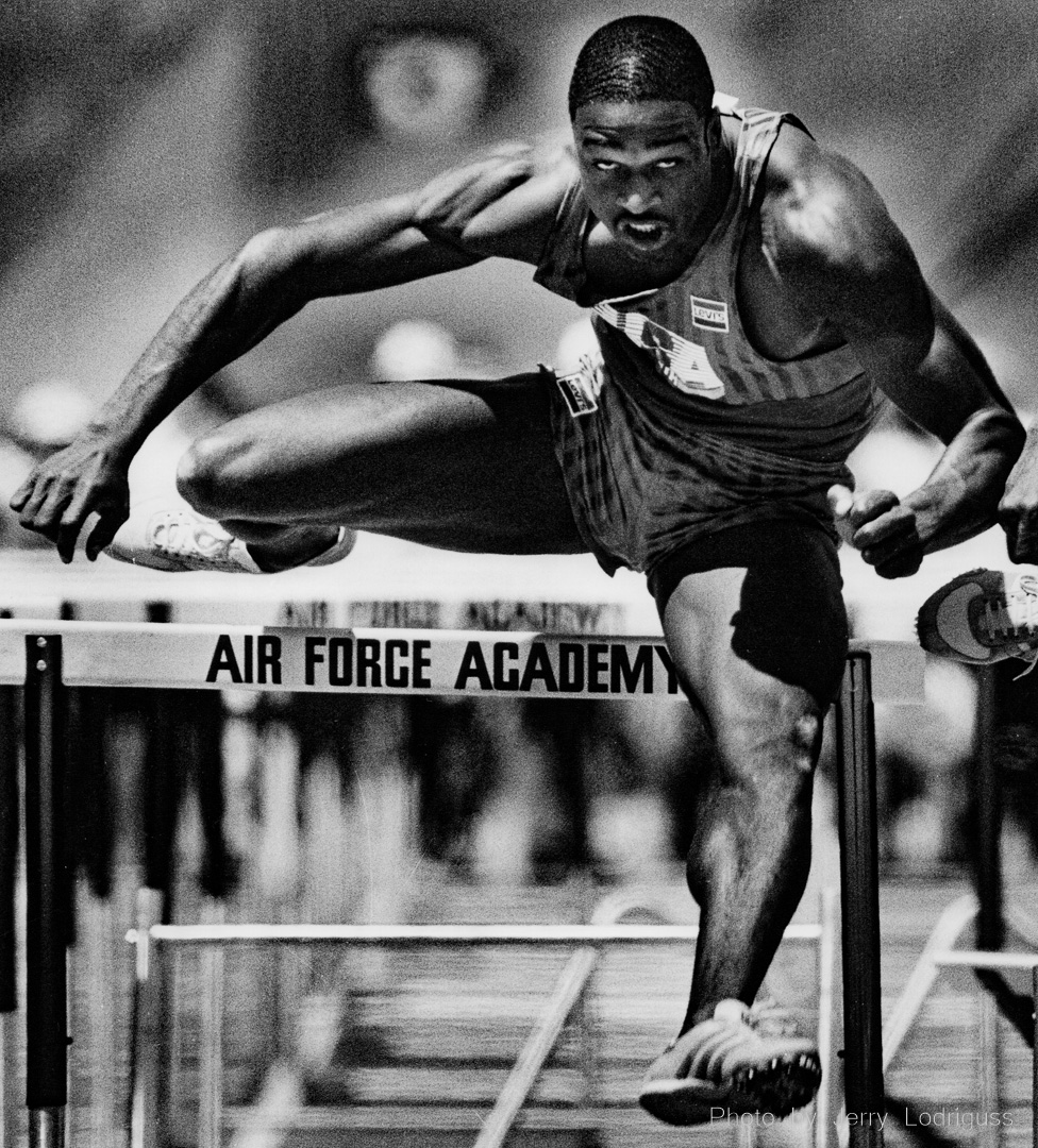 Willie Gault goes ove rthe last hurdle on his way to a gold meda with a time of 13.47 seconds in the men's 110 meter hurdles here on July 2, 1983 during the National Sports Festival in Colorado Springs.